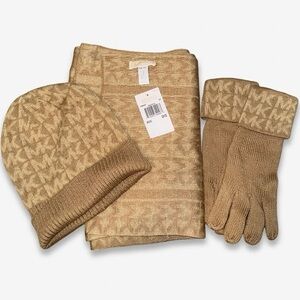 NWT Glitter Michael Kors MK Logo Knit Hat, Scarf & Glove Set